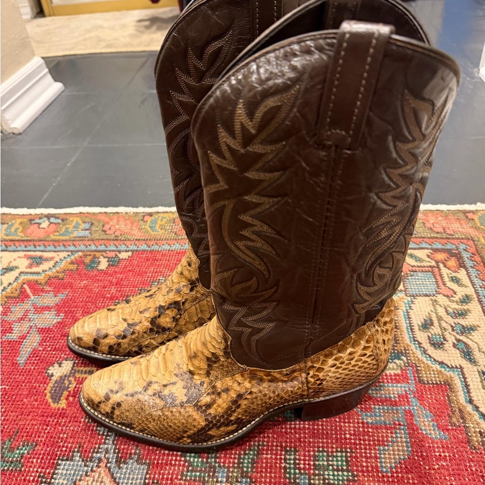 Vintage Handmade Genuine Python Brown And Tan Cow… - image 2